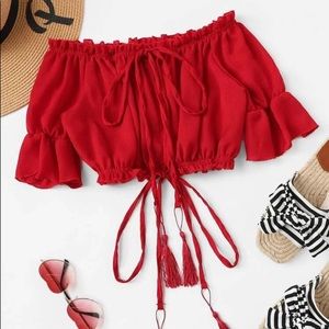 Red bardot tie front ruffle crop top M